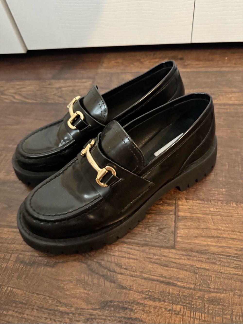 Steve Madden Black Platform Loafers Gold Horsebit Chunky Lug Sole Size 8 NWOT